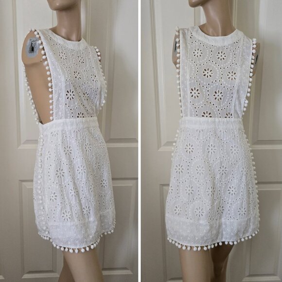 Forever 21 Cottage Core Eyelet Pom-Pom Dress SZ M White - Picture 1 of 9